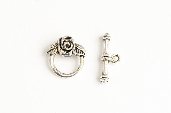 Rose Toggle Clasp, Antique Silver Tone, 15mm - 5 sets (F157)