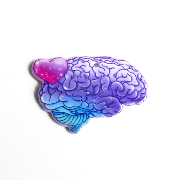 2 Brain Charms, Blue Acrylic With Red Heart, 29x41mm (2107)