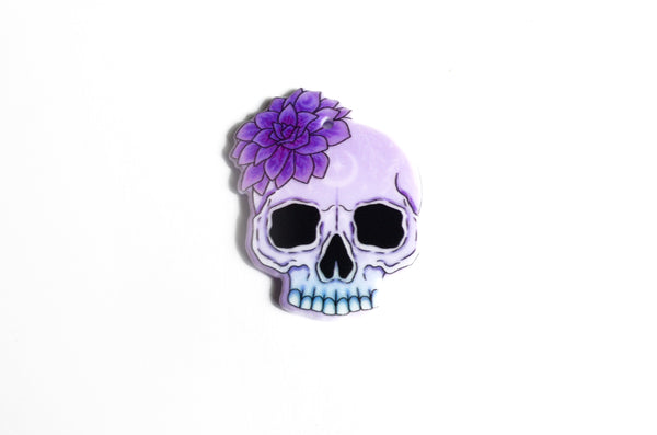 2 Skull Charms With Purple Flower, Acrylic 41x33mm (2109)