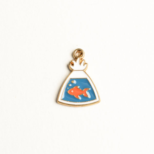 Goldfish In A Bag Charm, Blue White and Orange Enamel, Gold Toned Plating, 20x15mm - 5 pieces (1530)