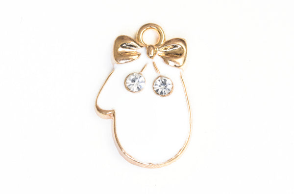 White Mitten Charms With Rhinestone Accent, Enamel on Gold Toned Metal, 18mm x 11mm - 5 pieces (1541)