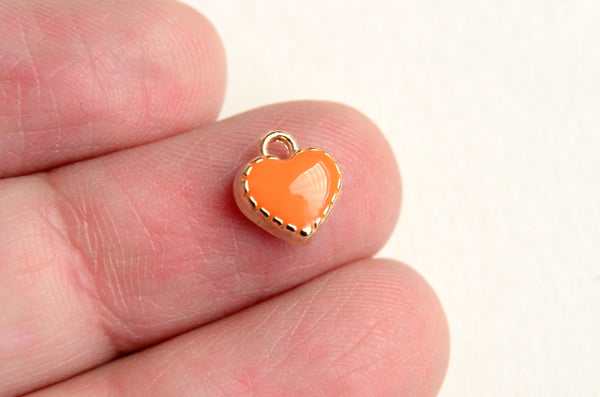 Tiny Orange Heart Charms, Gold Toned Enamel Valentine Charms, 8 mm