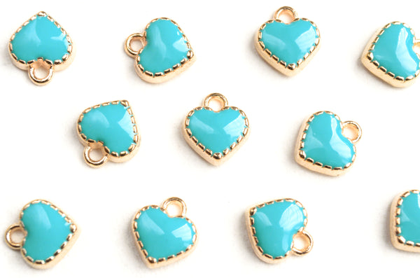 Turquoise Heart Charms, Gold Toned Enamel Valentine Charms, 8 mm x 7.5 mm  (1555)