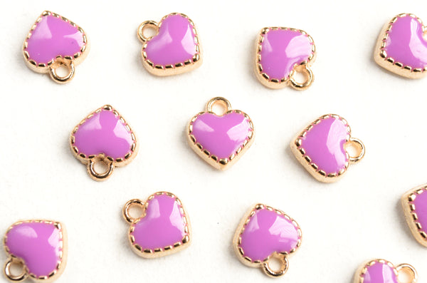 Purple Heart Charms, Gold Toned Enamel Valentine Charms, 8 mm x 7.5 mm  (1556)