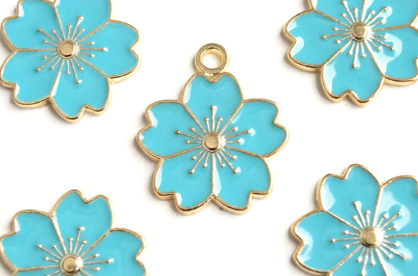 Teal Cherry Blossom Charms, Enamel Gold Toned, 21mm x 17mm - 5 pieces (1571)