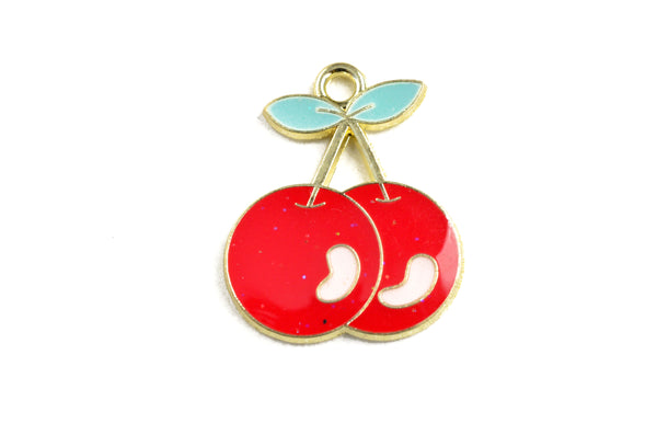 Enamel Cherry Charms, Gold Toned, 21x18mm - 5 pieces (1572)