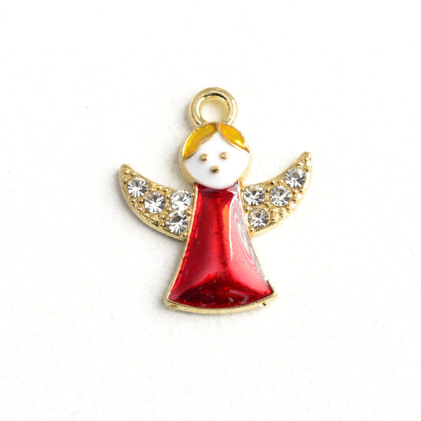 Angel charm with a red enamel dress, golden hair, and rhinestone embellished wings. The charm has a  gold toned outline around the angel and a small loop on the top of the head 