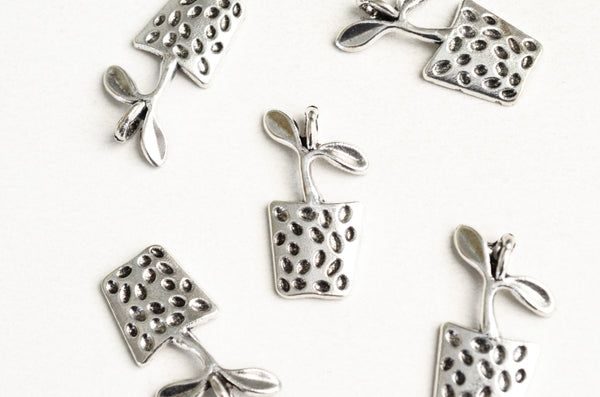 Flower Pot Charms With Stem and Leaves, Silver Tone - 10 pieces (1694)