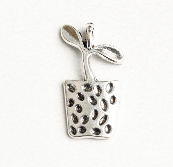 Flower Pot Charm With Stem and Leaves, Silver Tone - 1 piece (1694)