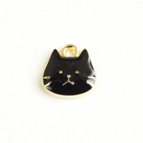5 Cat Face Charms, Black Enamel Pet Charm On Gold Toned Metal, 11mm x 11mm (1701)