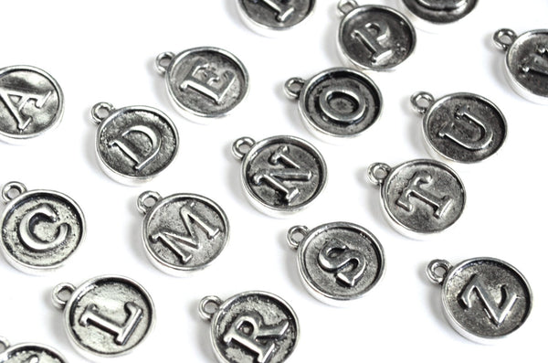 Antique Silver Alphabet Charms, Round Typewriter Font Letters, Two Sided Full Set - 26 pieces (420)