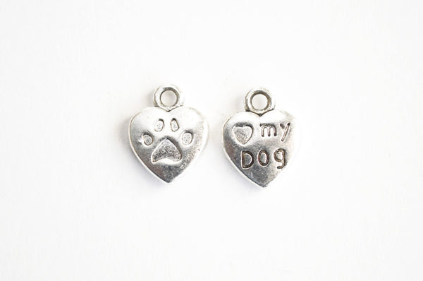 Silver Dog Paw Print Charm, Heart Charms, Love My Dog Charms, Heart Dog Charm - 10 pieces (298)