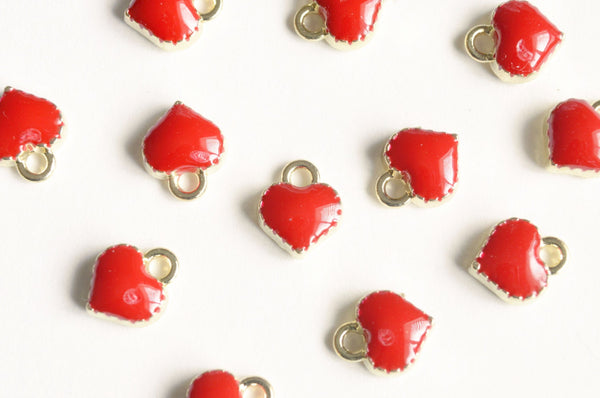 Tiny Red Heart Charms Enamel Over Gold Plating - 10 pieces (118GR)