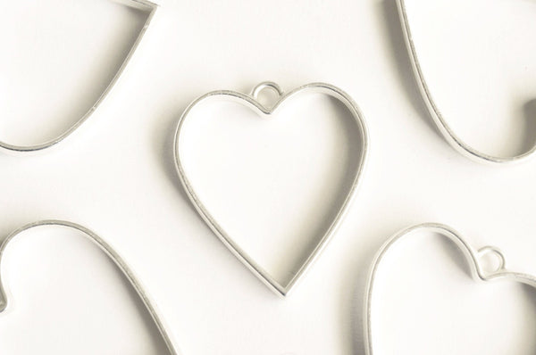 Silver Heart Pendant Matte Large Open Back Bezel Charm  - 4 pieces (122S)