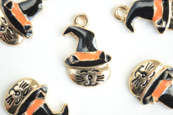 Halloween Cat Charms, Gold Cat Charms, Witch Hat Charm, 4 pieces (282)