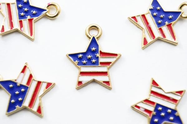 USA Flag Star Charms, Gold Plated Enamel Charms - 4 pieces (311)