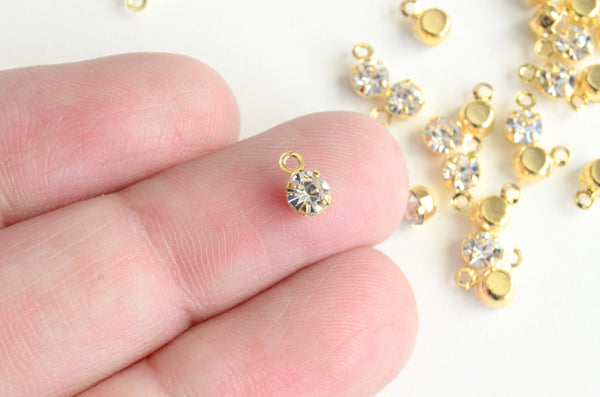 Tiny Rhinestone Charms, Gold Plated Solitaire Charms, Miniature Simple Charms - 10 pieces (340)