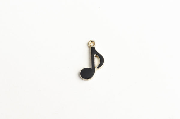Music Note Charm, Light Gold Finish Black Enamel, 20mm (599)