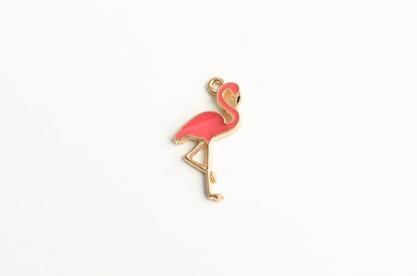 5 Flamingo Charms, Pink Enamel Gold Tone 26mm (606)
