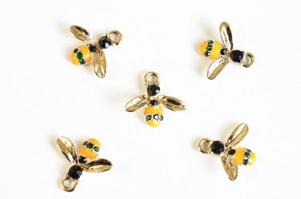 Enamel Bee Charms, Rhinestone Enamel Pendants, Gold Toned, 15mm x 16mm - 4 pieces (859)