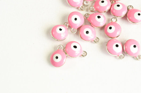 Pink Evil Eye Charms, Platinum Tone 10mm - 6 pieces (862)