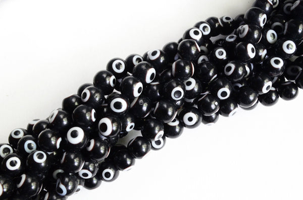 Black Glass Evil Eye Beads, 8mm, Full Strand  (BT6)