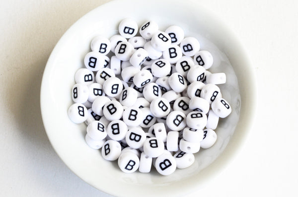 Letter B Plastic Alphabet Beads, White With Black Initial, 7mm x 3.5mm - 100 pieces (BTB)