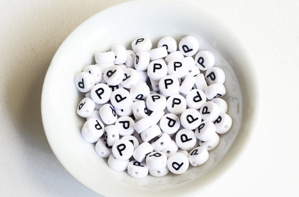 Letter P Plastic Alphabet Beads, White With Black Initial, 7mm x 3.5mm - 100 pieces (BTP)