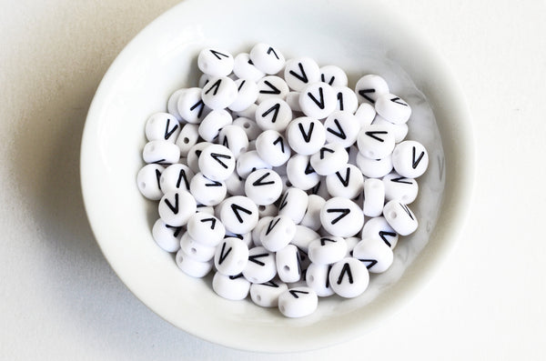 Letter V Plastic Alphabet Beads, White With Black Initial, 7mm x 3.5mm - 100 pieces (BTV)