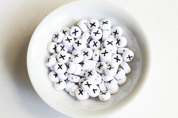 Letter X Plastic Alphabet Beads, White With Black Initial, 7mm x 3.5mm - 100 pieces (BTX)