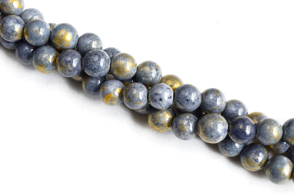 Grey Jade Beads, Gold Marble Accent, Dyed Mashan Jade, 8mm, Full Strand (956)