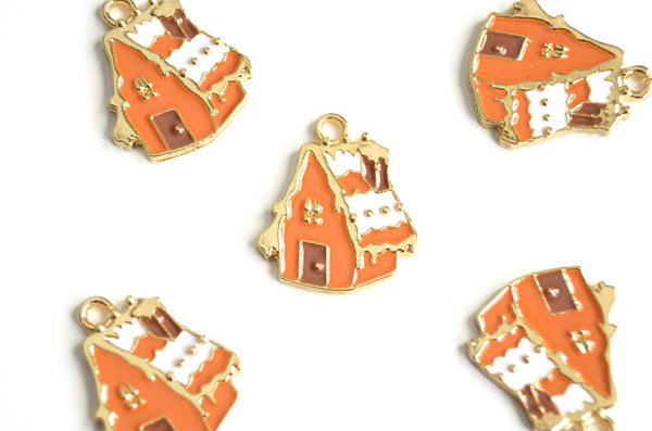 Gingerbread House Charms, Christmas Theme Gold Toned Enamel, 21mm x 17mm - 4 pieces (964)