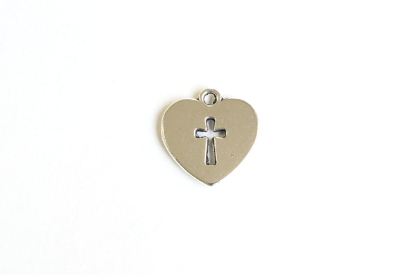 Heart Charms With Cross, Tibetan Silver Tone, Religious Pendant, 17mm x 16mm - 10 pieces (1029)
