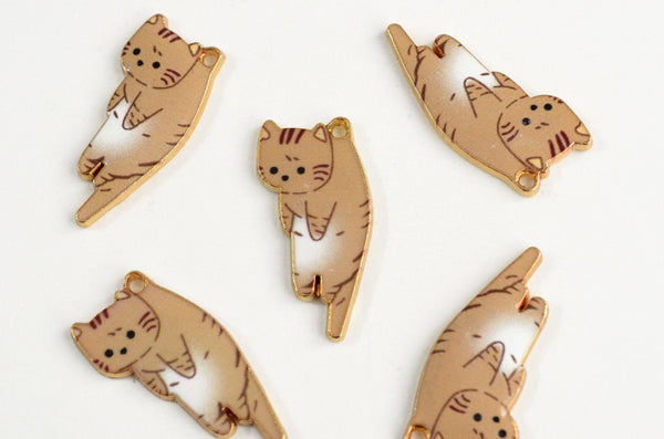 Cat Charms, Hanging Brown Cat Pendant, Gold Toned, 25mm x 12mm - 4 pieces (1077)