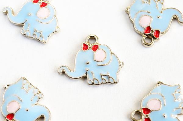 Cute Elephant Charms, Blue Enamel, Gold Toned Metal, 15mm x 18mm - 5 pieces (1060)