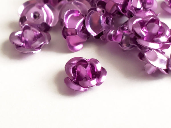 Purple Aluminum Rose Beads, Metal 3 Petal Flower Cabochons, 7mm - 30 pieces (1138)