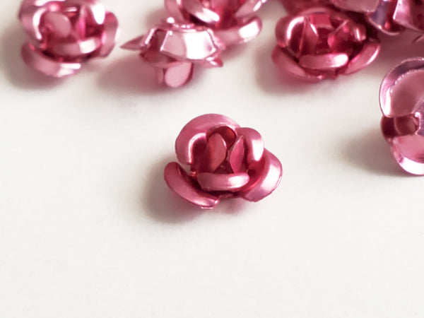 Pink Aluminum Rose Beads, Metal 3 Petal Flower Cabochons, 7mm - 30 pieces (1139)