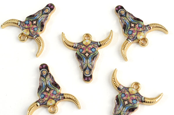 Patterned Cow Skull Charms, Colorful Printed on Gold Toned Metal, 22mm x 21mm - 4 pieces (1083)
