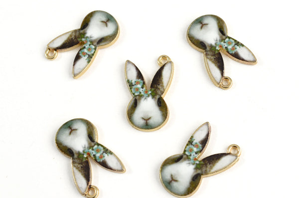 Rabbit Face Charms, Colorful Realistic Printed Bunny Gold Toned Metal, 19mm x 12mm - 4 pieces (1086)