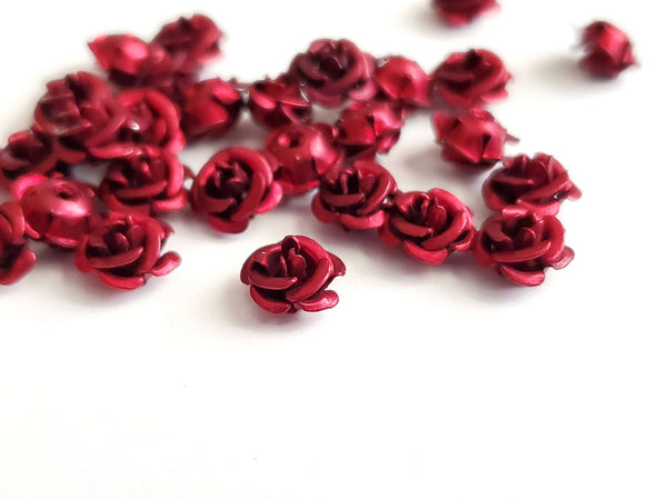 Tiny Red Aluminum Rose Beads,  Metal Flower Cabochons, 6mm x 4mm - 30 pieces (1137)