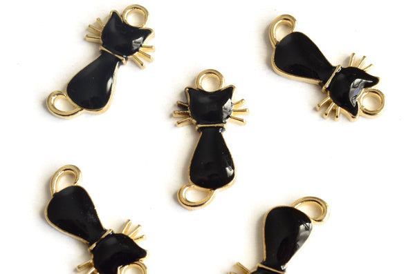Black Cat Charms, Enamel Sitting Cat, Gold Toned, 21mm x 11mm - 5 pieces (1184)