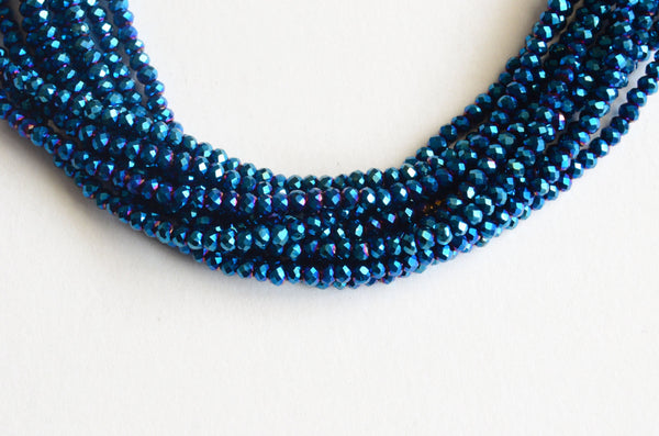 Dark Blue Glass Beads, Tiny Faceted Spacer Beads Electroplate, 2mm x 1.5mm - Full Strand (1153)