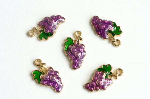 Purple Grape Charms, Gold Toned Enamel Fruit Pendants, 17mm x 9mm - 5 pieces (1169)