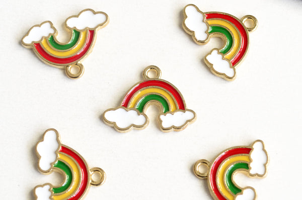 Rainbow Charms With Clouds, Colorful Enamel, Gold Tone, 14mm x 19mm - 5 pieces (1188)