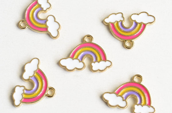 Rainbow Charms With Clouds, Pink Yellow Purple Enamel, Gold Tone, 14mm x 19mm - 4 pieces (1189)