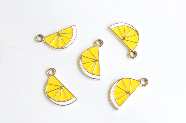 Lemon Slice Charms, Yellow Enamel Gold Tone Metal, 17mm x 7mm - 5 pieces (1228)