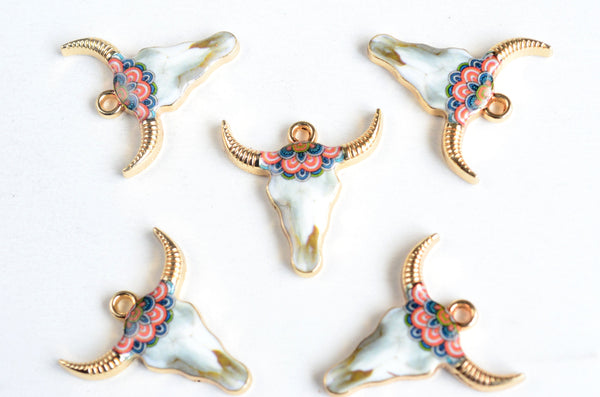 Cow Skull Charms, Flower Crown Printed on Gold Toned Metal, 22mm x 21mm - 4 pieces (1233)