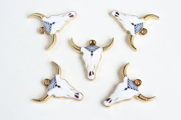 Cow Skull Charms, Patterned Crown Print on Gold Toned Metal, 22mm x 21mm - 4 pieces (1234)