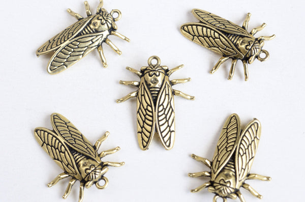Cicada Insect Charms, Matte Antique Gold Tone Bug Charms, 27mm x 22mm - 5 pieces (1235)