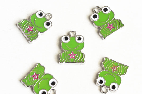 Frog Charms, Green Enamel Silver Tone, 17mm x 13mm - 5 pieces (1259)